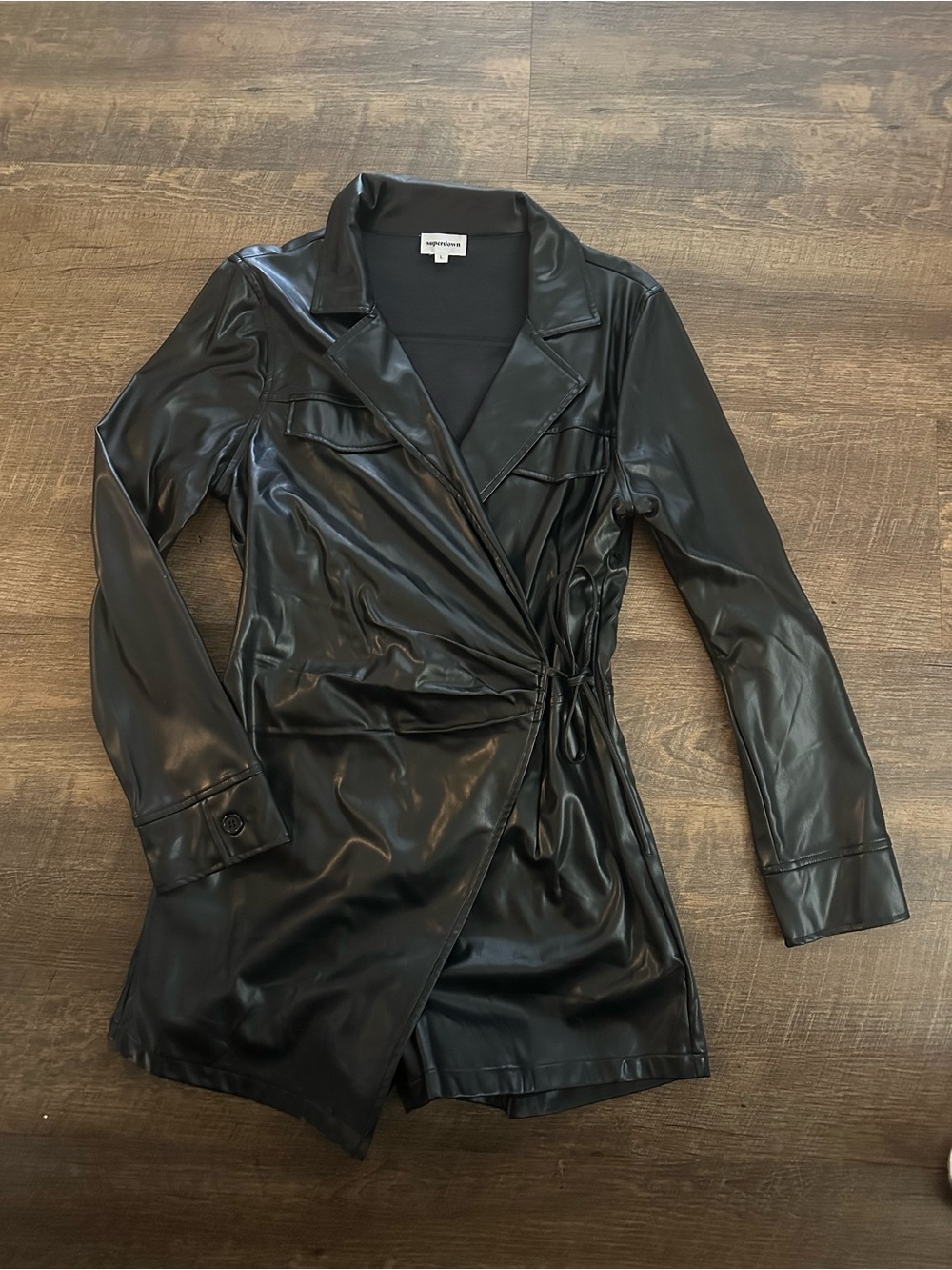 Black Faux Leather Wrap Romper with Tie Waist